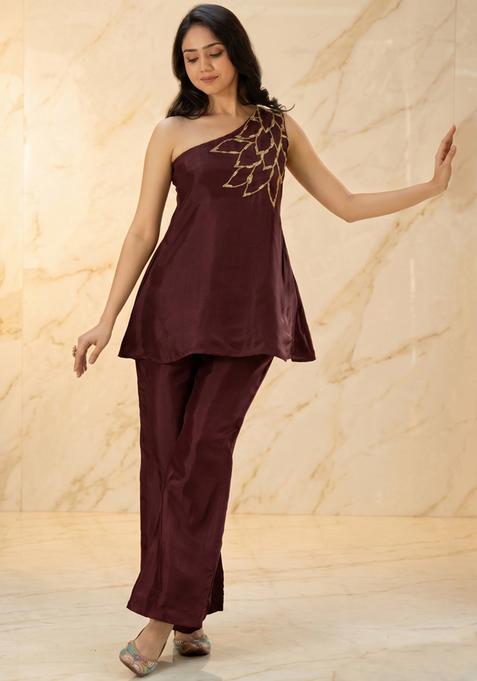Maroon Embroidered Handwork Fusion Set