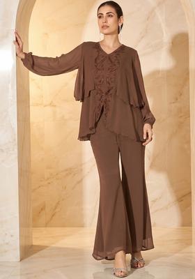 Brown Embroidered Handwork Fusion Set