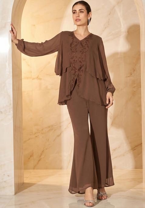 Brown Embroidered Handwork Fusion Set