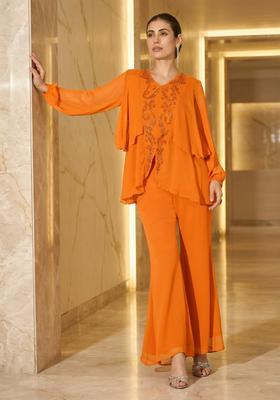 Orange Embroidered Handwork Fusion Set