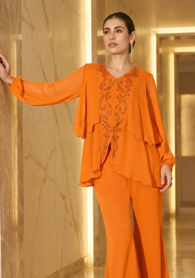 Orange Embroidered Handwork Fusion Set - Indya
