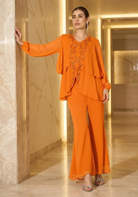 Orange Embroidered Handwork Fusion Set
