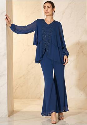 Navy Blue Embroidered Handwork Fusion Set