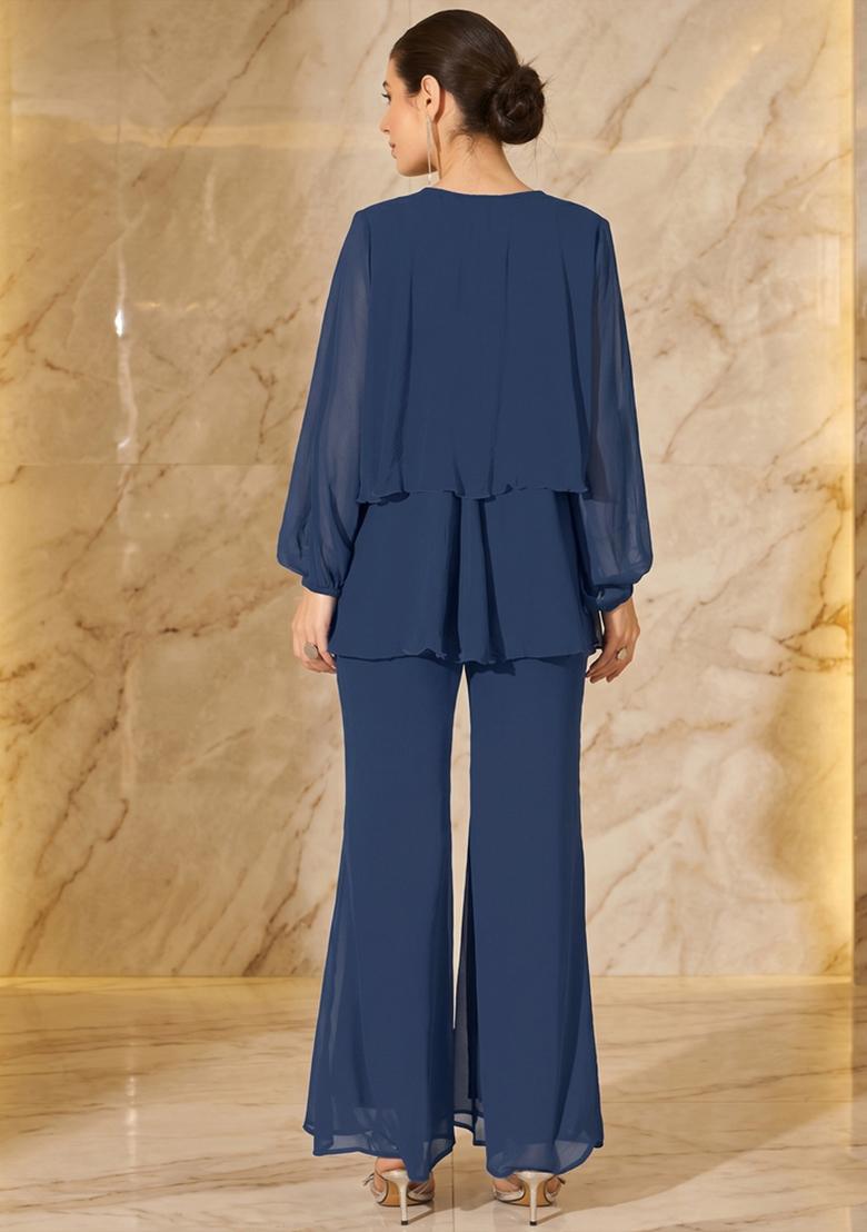 Navy Blue Embroidered Handwork Fusion Set - Indya