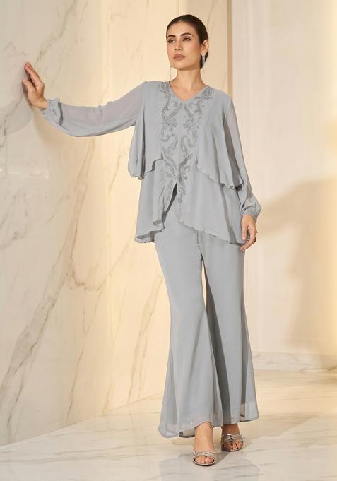 Grey Embroidered Handwork Fusion Set