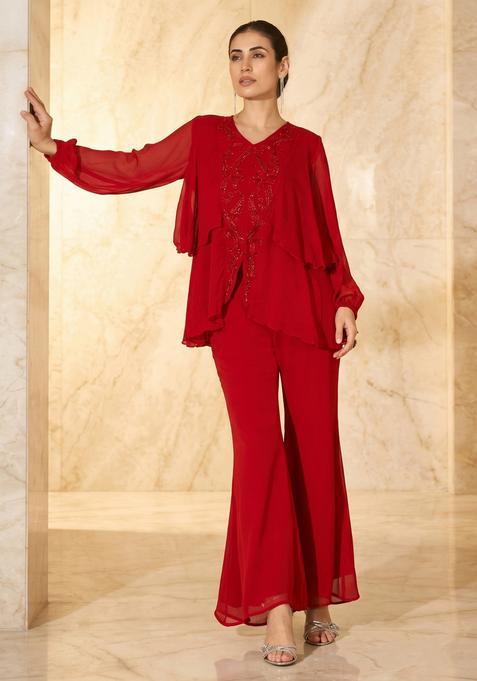Red Embroidered Handwork Fusion Set