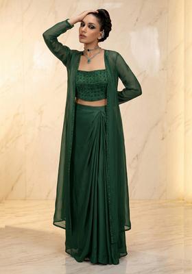 Bottle Green Embroidered Handwork Fusion Set