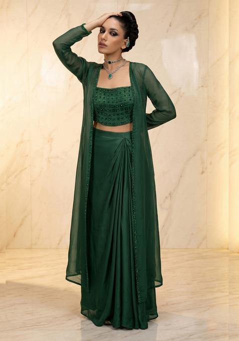 Bottle Green Embroidered Handwork Fusion Set