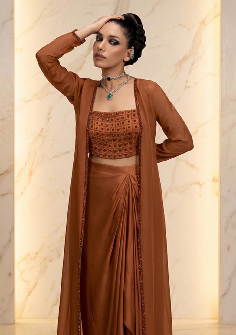 Rust Brown Embroidered Handwork Fusion Set - Indya