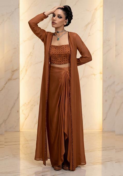 Rust Brown Embroidered Handwork Fusion Set