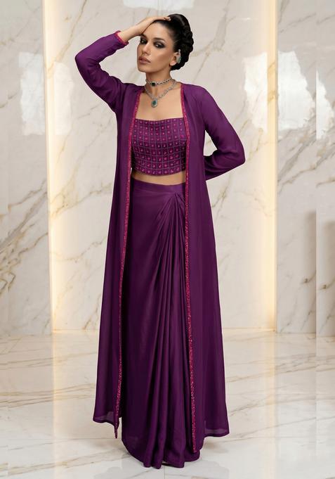 Purple Embroidered Handwork Fusion Set