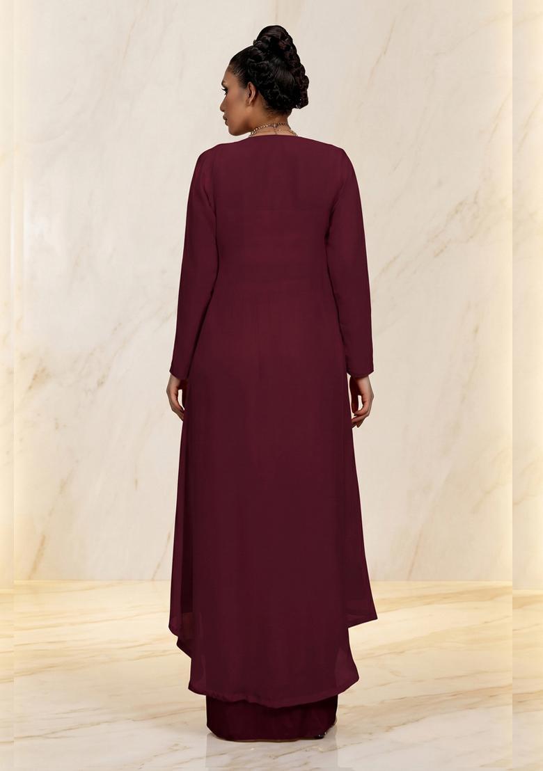 Maroon Embroidered Handwork Fusion Set - Indya