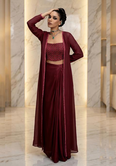 Maroon Embroidered Handwork Fusion Set