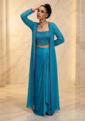 Teal Blue Embroidered Handwork Fusion Set