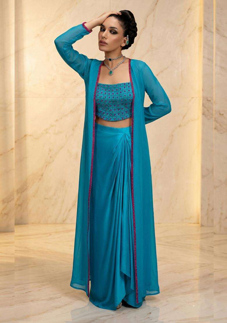 Teal Blue Embroidered Handwork Fusion Set - Indya