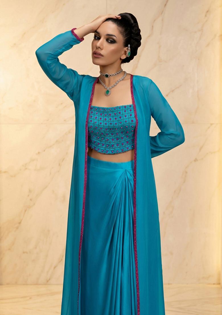 Teal Blue Embroidered Handwork Fusion Set - Indya