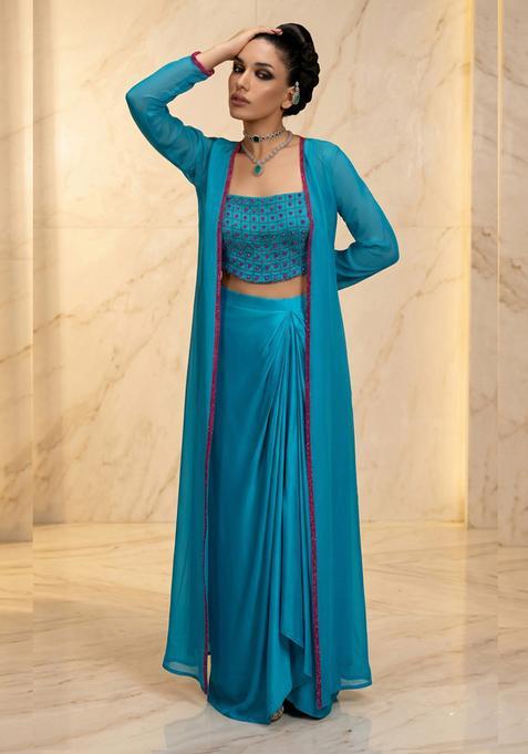 Teal Blue Embroidered Handwork Fusion Set