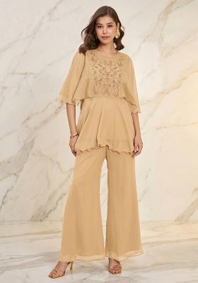 Nude Beige Embroidered Handwork Fusion Set