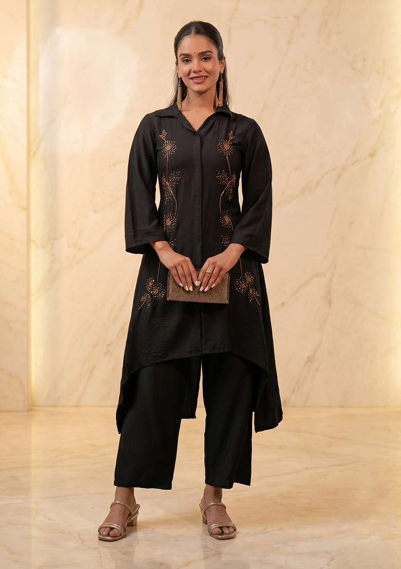 Black Embroidered Handwork Kurta Set - Indya