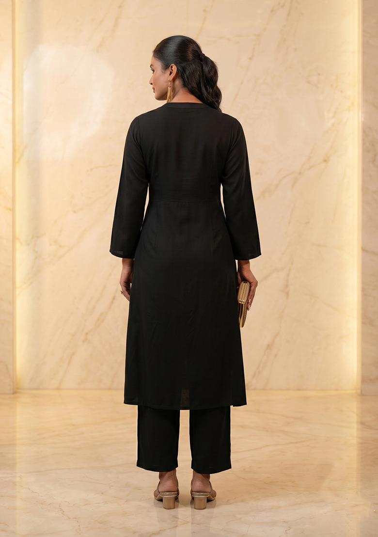 Black Embroidered Handwork Kurta Set - Indya