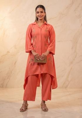 Coral Embroidered Handwork Kurta Set