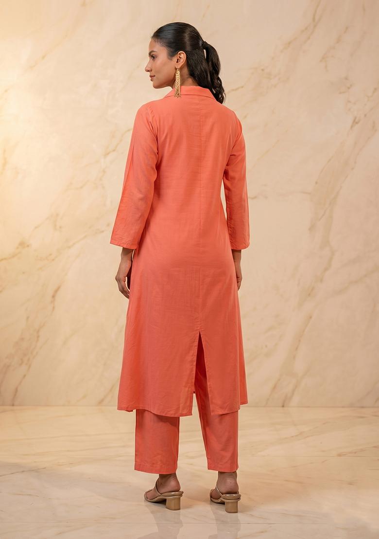 Coral Embroidered Handwork Kurta Set - Indya
