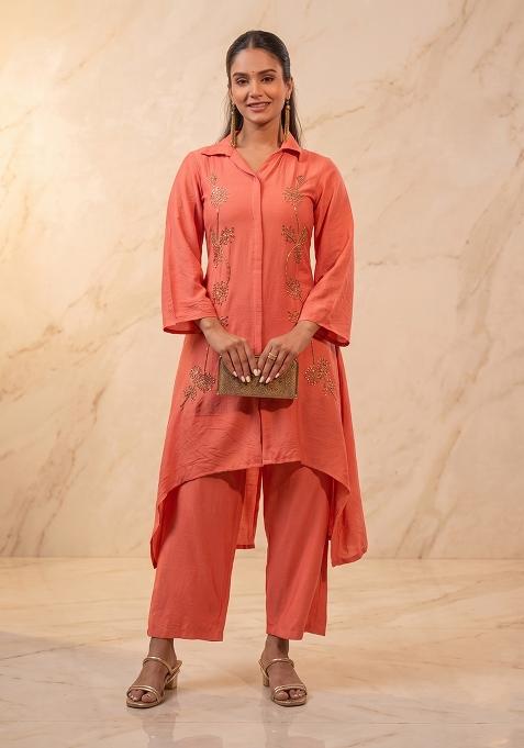 Coral Embroidered Handwork Kurta Set