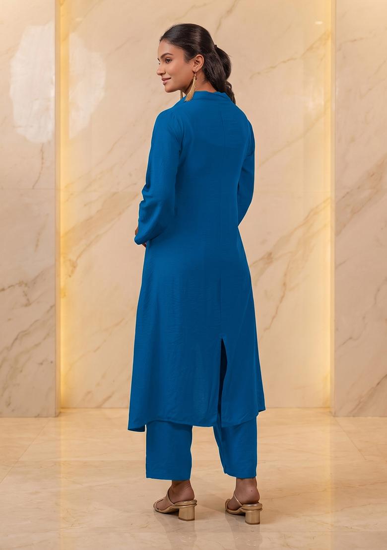 Royal Blue Embroidered Handwork Kurta Set - Indya