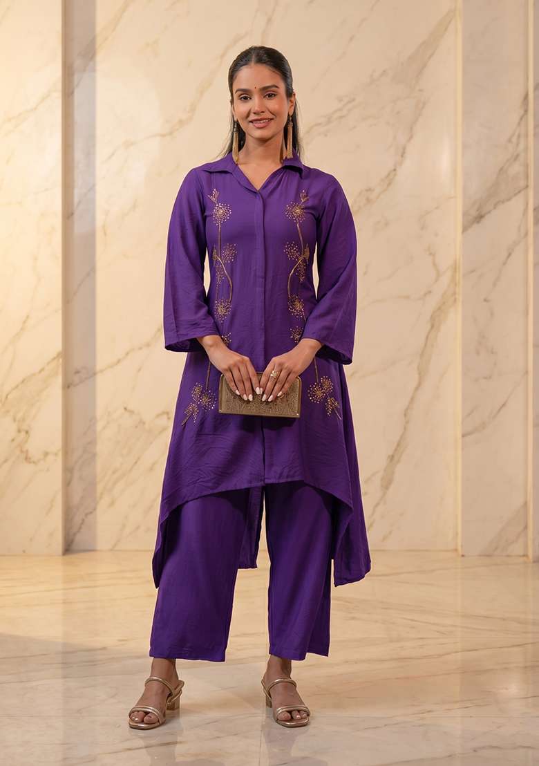 Purple Embroidered Handwork Kurta Set - Indya