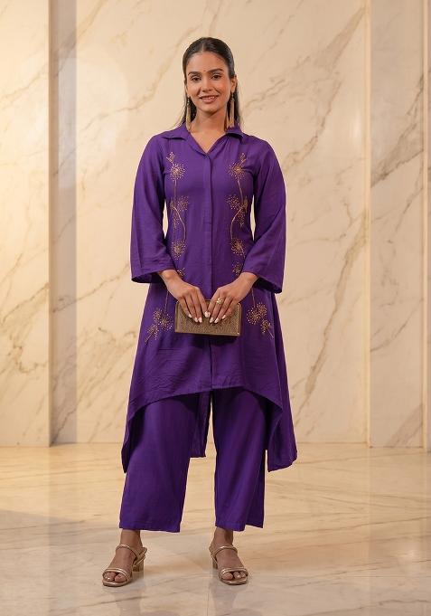 Purple Embroidered Handwork Kurta Set