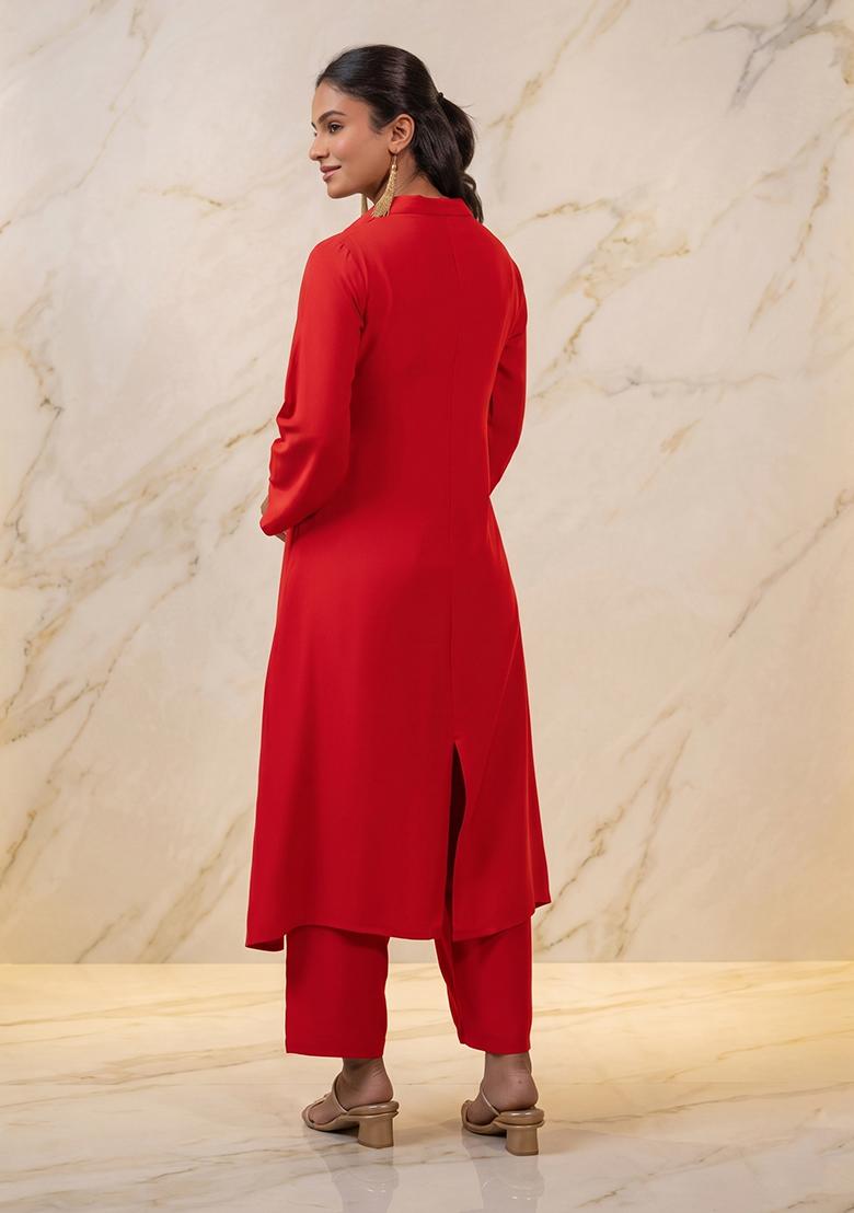 Red Embroidered Handwork Kurta Set - Indya