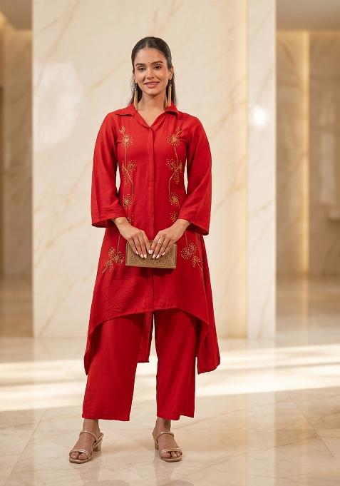 Red Embroidered Handwork Kurta Set