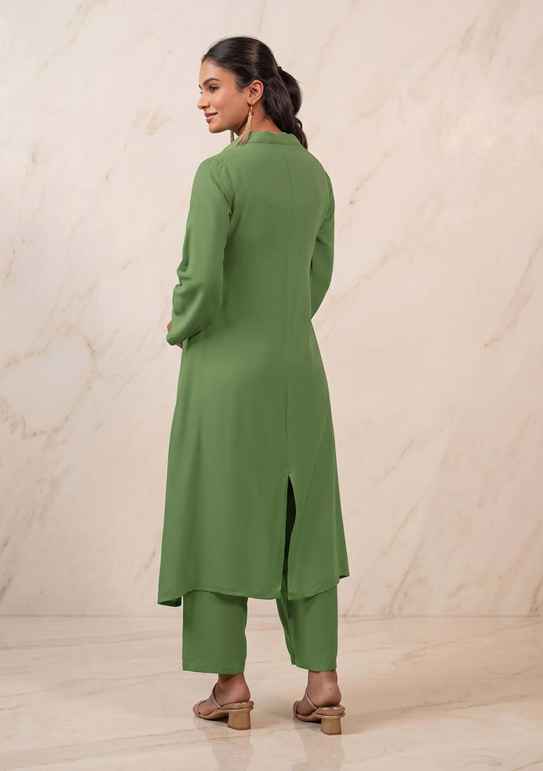 Sage Green Embroidered Handwork Kurta Set - Indya