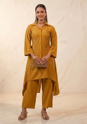 Mustard Embroidered Handwork Kurta Set