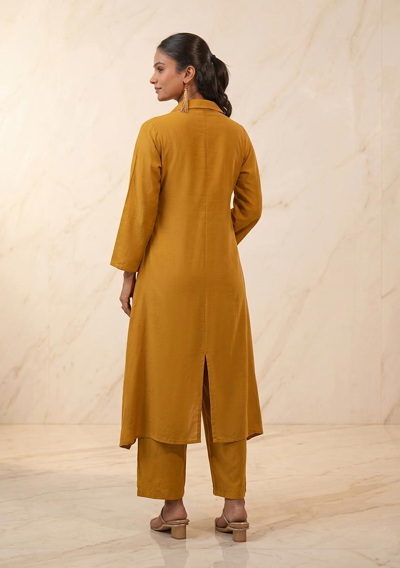 Mustard Embroidered Handwork Kurta Set - Indya
