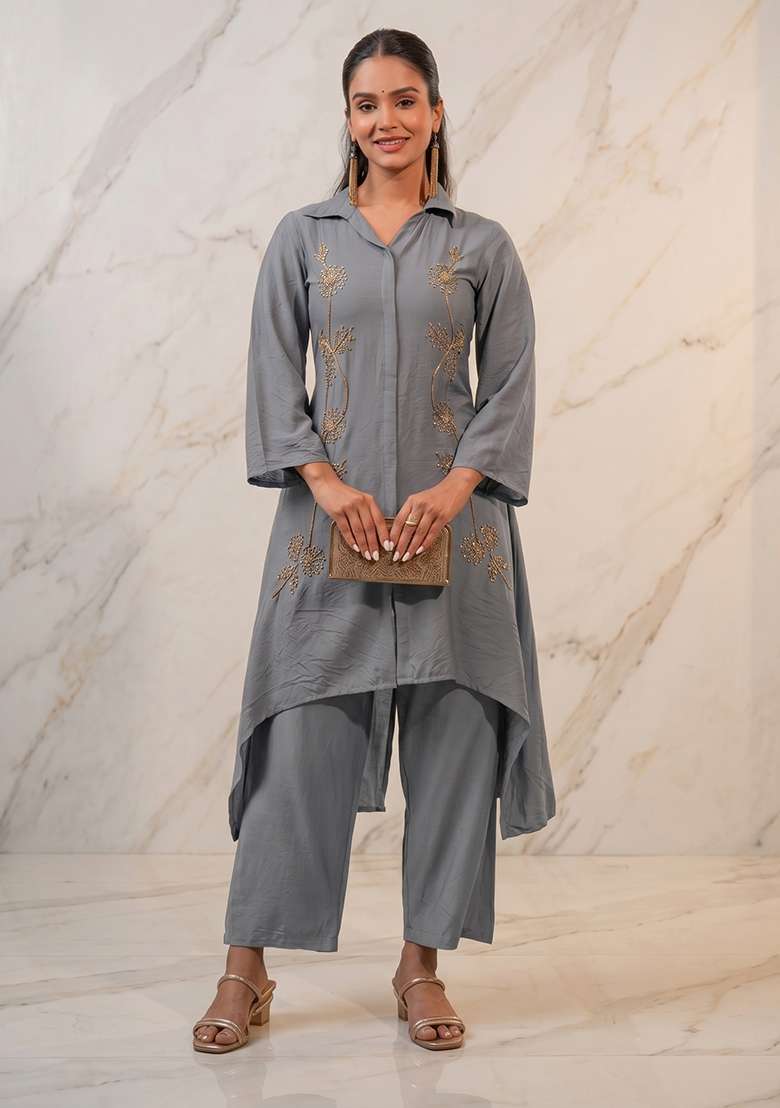 Sleet Grey Embroidered Handwork Kurta Set - Indya