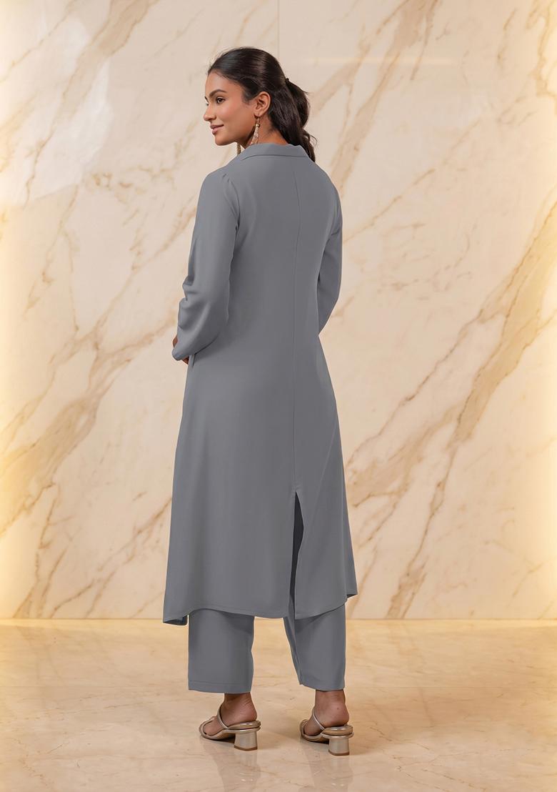 Sleet Grey Embroidered Handwork Kurta Set - Indya
