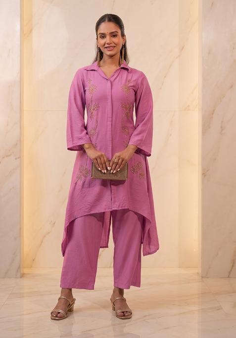 Pink Embroidered Handwork Kurta Set