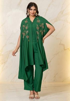 Emerald Green Embroidered Handwork Fusion Set