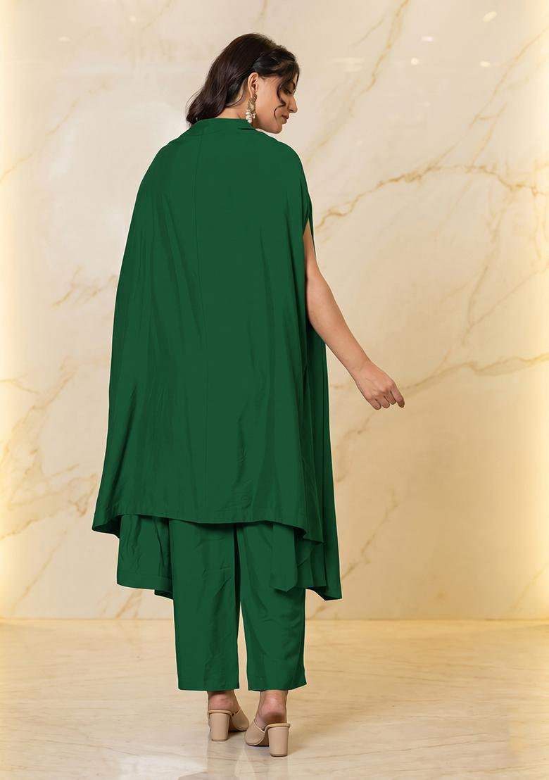 Emerald Green Embroidered Handwork Fusion Set - Indya