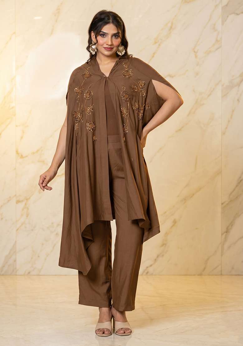 Chocolate Embroidered Handwork Fusion Set - Indya