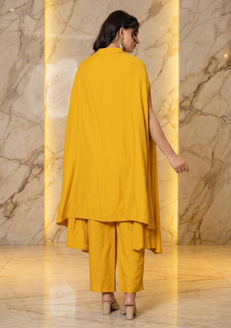 Mustard Embroidered Handwork Fusion Set - Indya