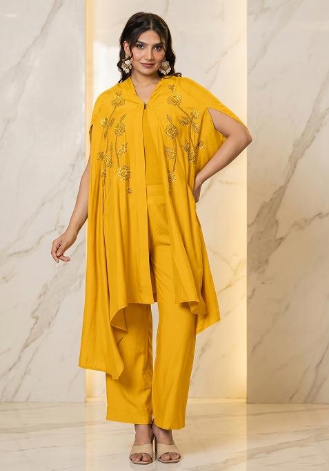 Mustard Embroidered Handwork Fusion Set
