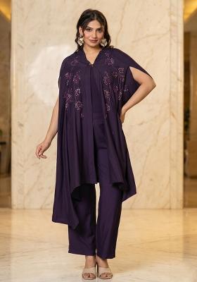 Purple Embroidered Handwork Fusion Set