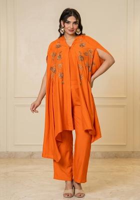 Orange Embroidered Handwork Fusion Set