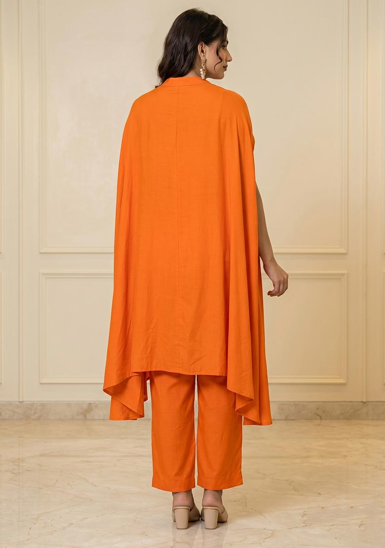 Orange Embroidered Handwork Fusion Set - Indya