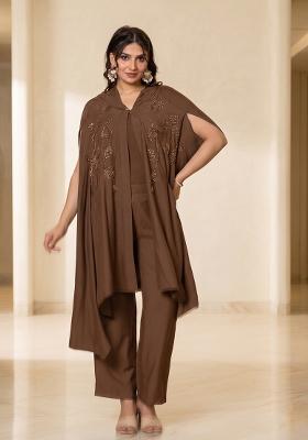 Brown Embroidered Handwork Fusion Set