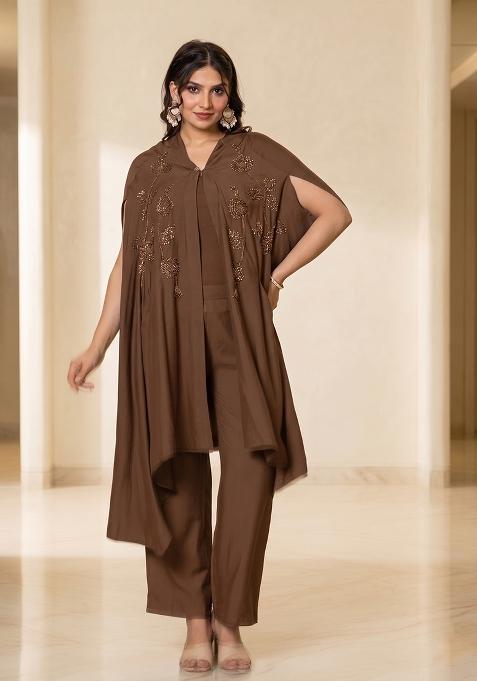 Brown Embroidered Handwork Fusion Set