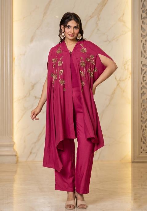 Rani Pink Embroidered Handwork Fusion Set