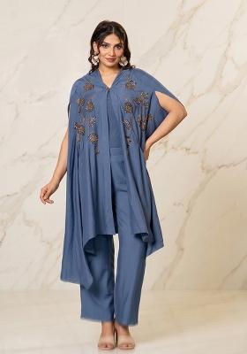 Slate Blue Embroidered Handwork Fusion Set